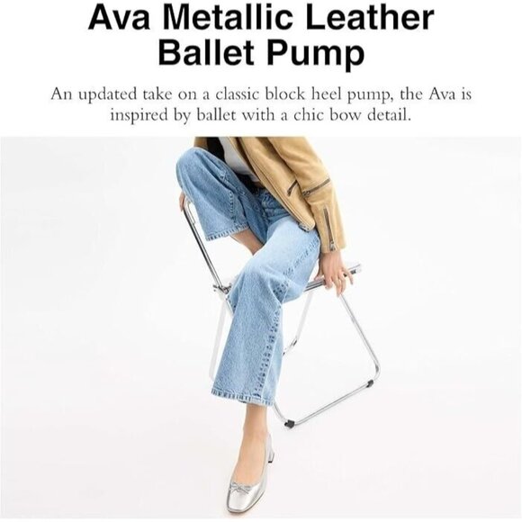 Coach Women Metallic Silver Bow Accent Block Heel Pull-On Ava Ballet Pump Shoes - Picture 2 of 4